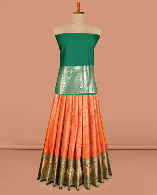 Orange Art Silk Pavadai Material, Delicately Woven with Jacquard Design, Contrast Floral-Bird Zari Design Border, and a Contrast Blouse