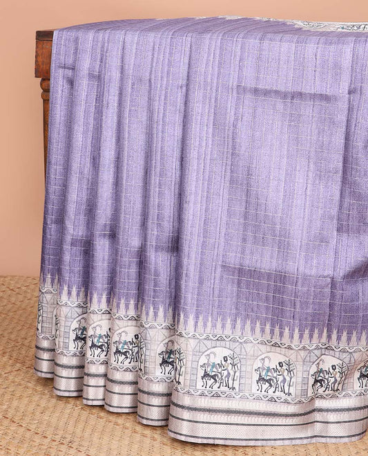 Purple checked semi-banaras tussar saree with contrast jacquard border & striped pallu