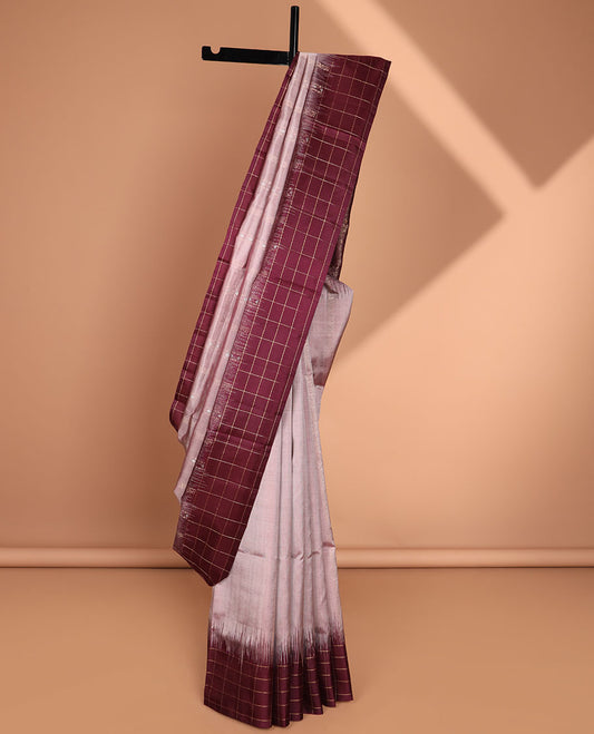 Peach soft silk saree with contrast checked border & floral jacquard design pallu