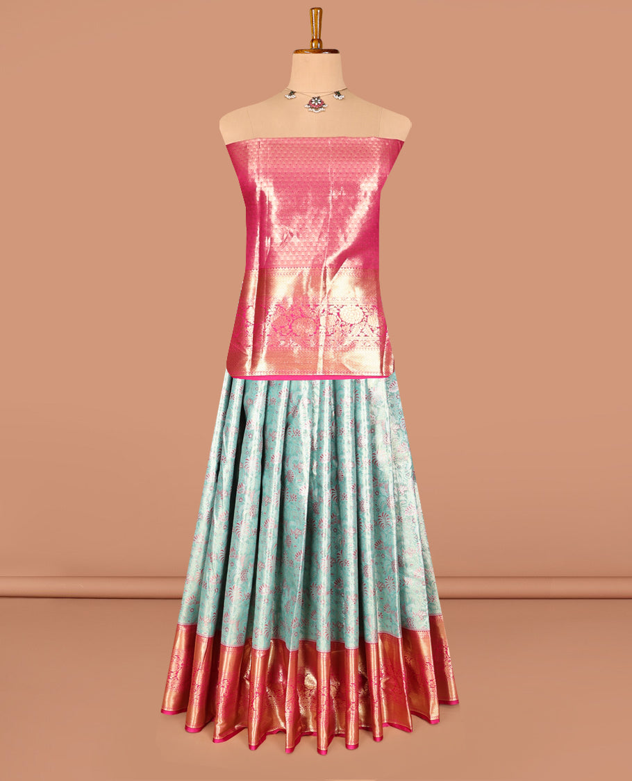 Blue Art Silk Half-Saree, Elegantly Highlighted with Jacquard Design, Contrast Traditional Zari Border, Paired with a Contrast Jacquard Blouse, and an Intricate Dhavani
