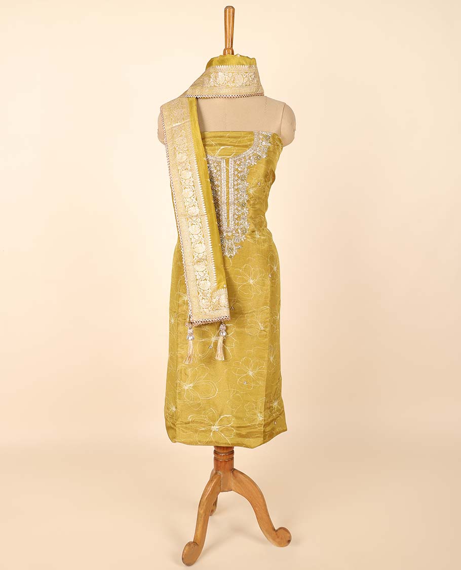 green material chudidhar set, floral print & embroidered top, plain bottom & Banaras buttas duppata