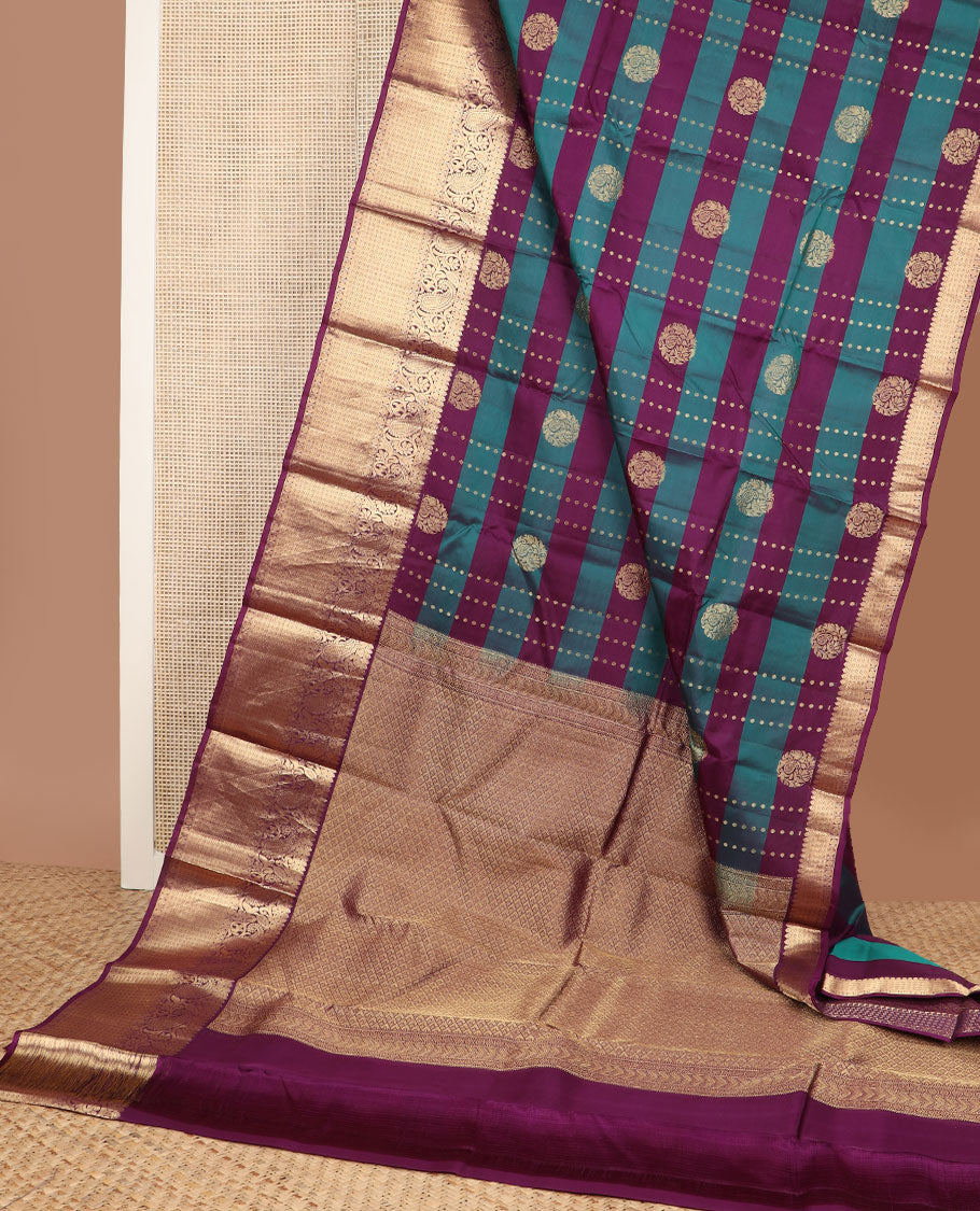 Purple-blue striped & zari design vasundhara silkmix saree,contrast jaal pallu & border of thilakam,banaras,rudraksham,floral & manga