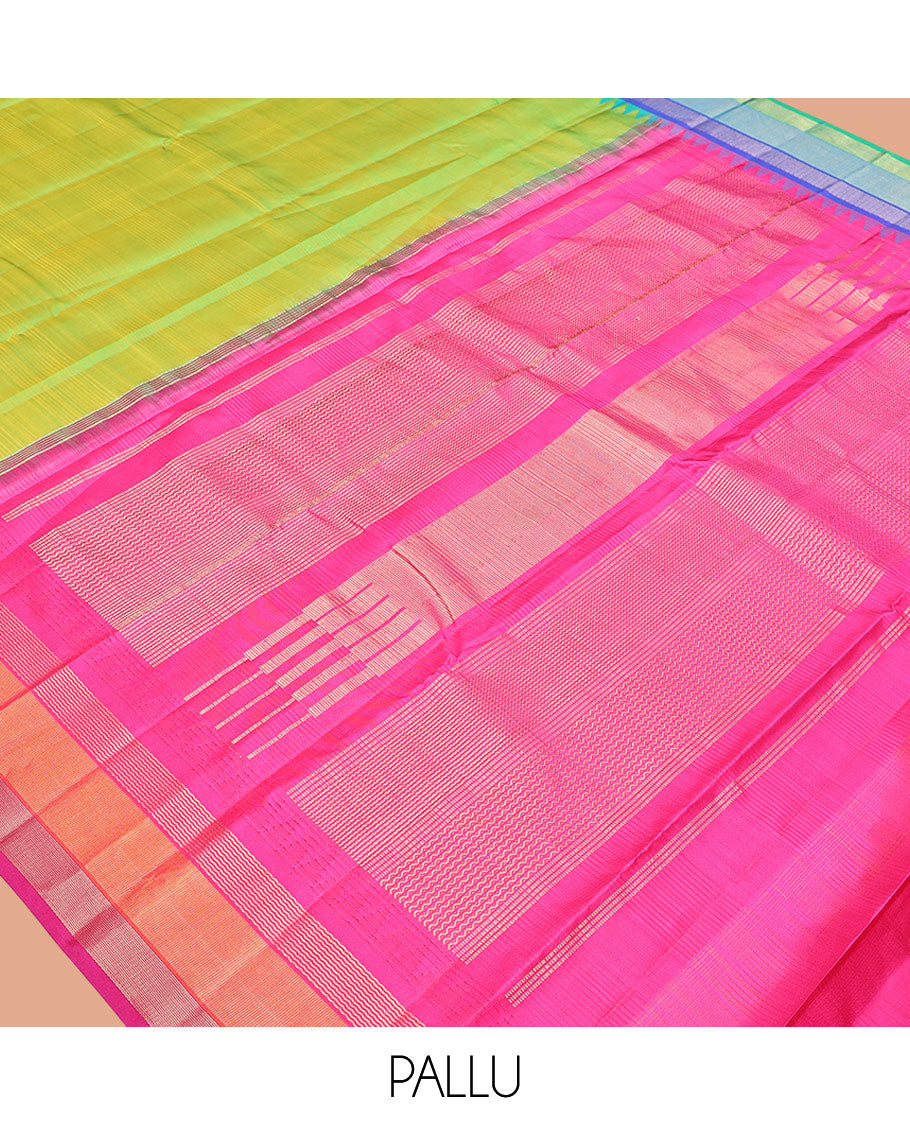 Parrot Green-Striped Bangalore Silk Saree, Complemented by a Contrast Temple Ganga-Jamuna Border, Pallu of Temple and Neli Designs, and a Contrast Blouse
