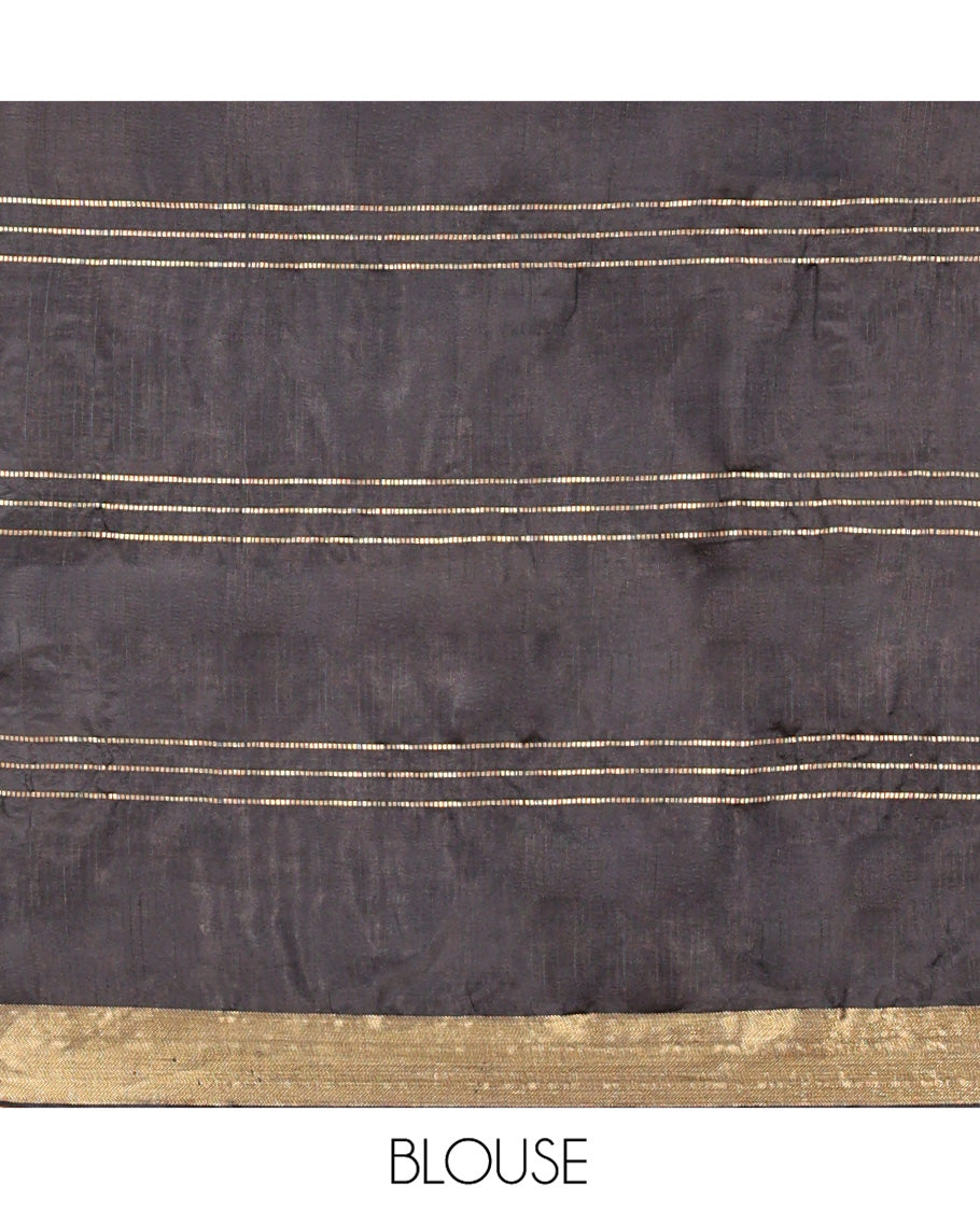 Black Banana Pith Saree, Enthralled with Buttas and Stripes on Its Body, Subtly Zari Border, Pallu Steeped with Zari Stripes, and Paired with a Matching Blouse
