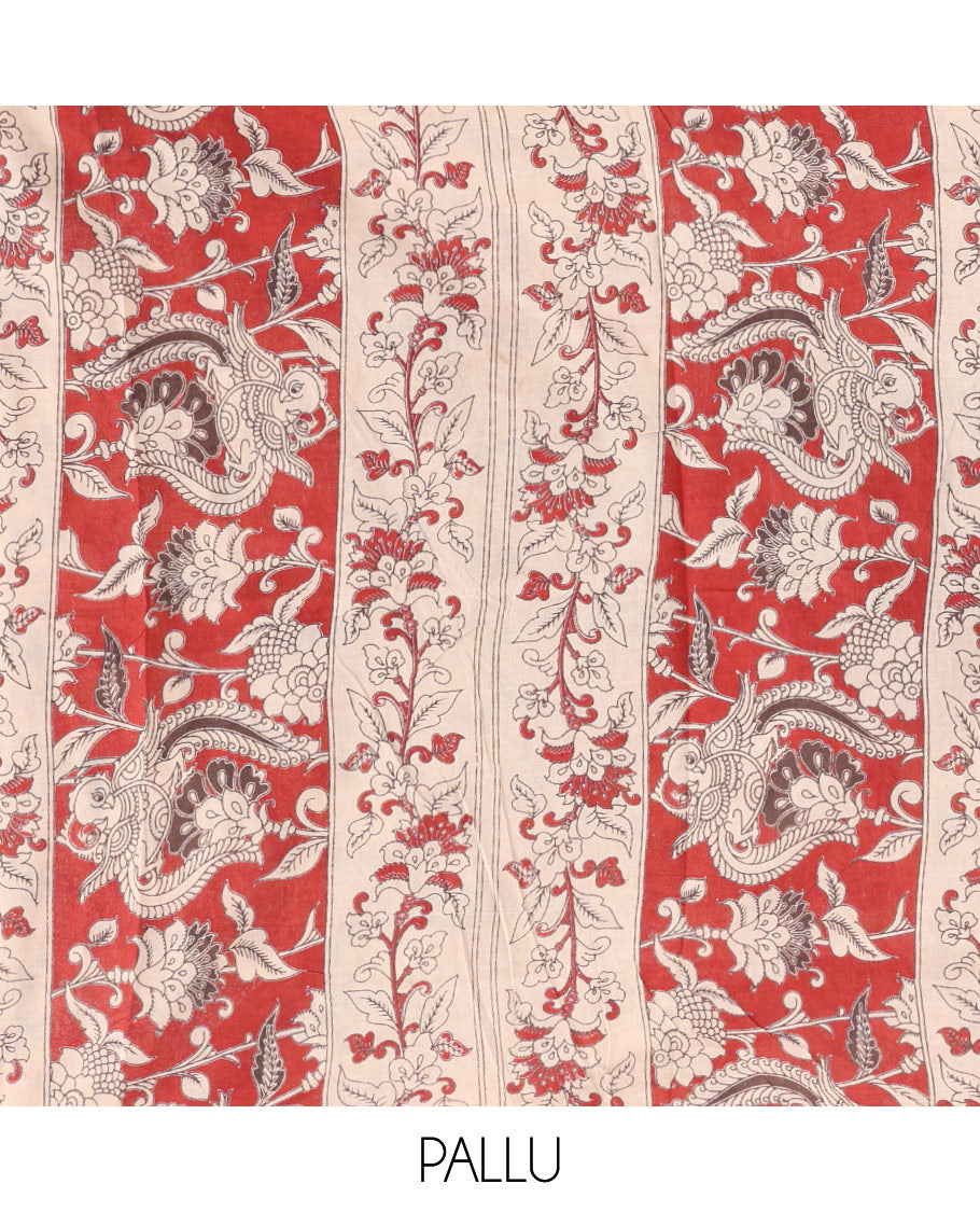Red Kalamkari Cotton Saree, Ornamented with Pichwai Cow Print, Contrast Printed Border, Kalamkari Human Motifs Pallu, and a Matching Blouse