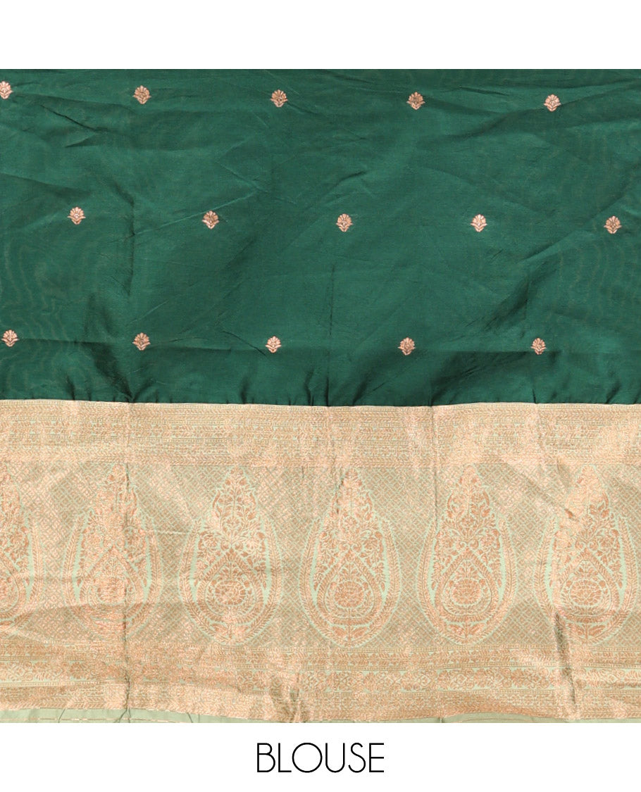 Green Art Silk Half Saree Features Buttas Skirt, Complemented by Contrast Traditional Border, Matching Blouse, and a Plain Zari-Bordered Dhavani