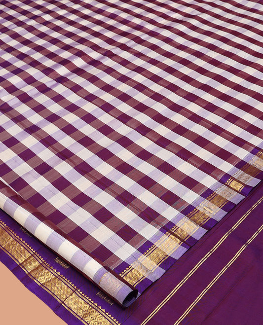 Multi-Color Checked Kanchipuram Silk Saree, Complemented by a Zari Border of Rekku, Banaras, and Jaal Design, Pallu of Zari Design, and No Blouse