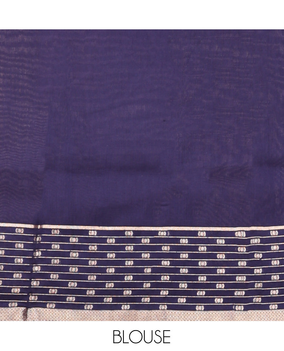 Blue Plain Assam Silk Saree, Highlighted by a Traditional Border, Zari Striped Pallu, and a Matching Blouse