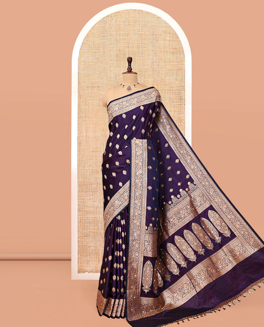 Dark Purple Banarasi Satin Saree, Ornamented with Zari Buttas, a Floral Creeper Border, Intricate Stonework Pallu, and a Matching Blouse