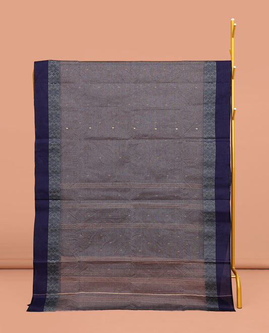 Grey Bengal Cotton Saree, Woven with Buttas on Its Body, Complemented by a Contrast Floral Design Border, Pallu of Stripes and Buttas, and Paired with a Matching Blouse