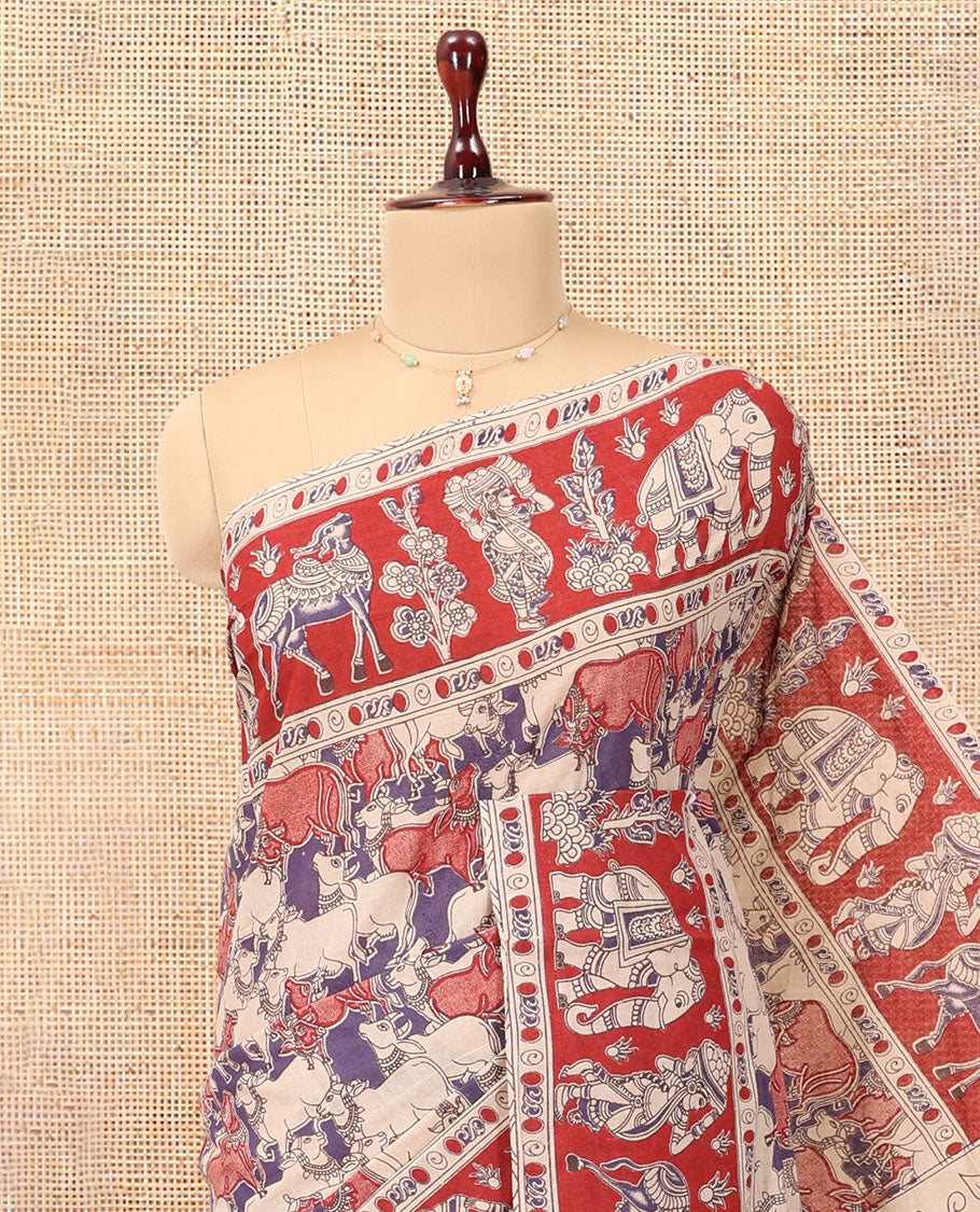 Red Kalamkari Cotton Saree, Ornamented with Pichwai Cow Print, Contrast Printed Border, Kalamkari Human Motifs Pallu, and a Matching Blouse