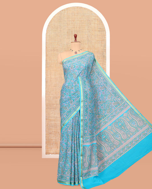 Blue Printed Silk Saree, Bedecked with Paisley Print, a Zari Border, Paisley Printed Pallu, and a Matching Blouse