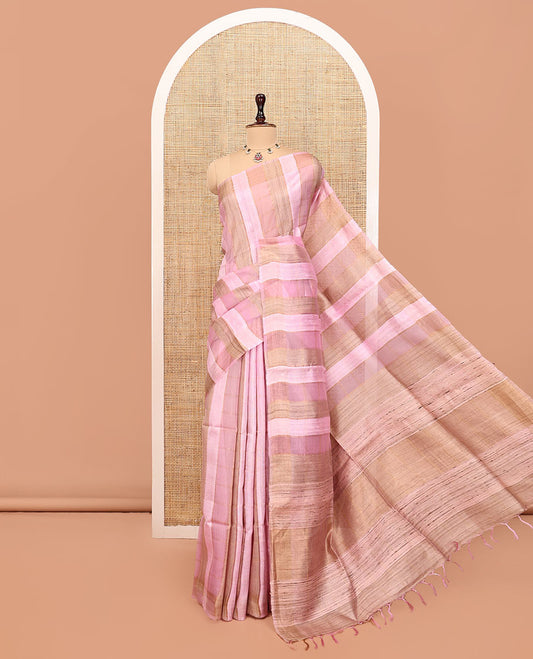 Pink Tussar Silk Saree, Highlighted by Stripes and Checks, a Self-Border, a Heathered Pallu, and a Matching Blouse