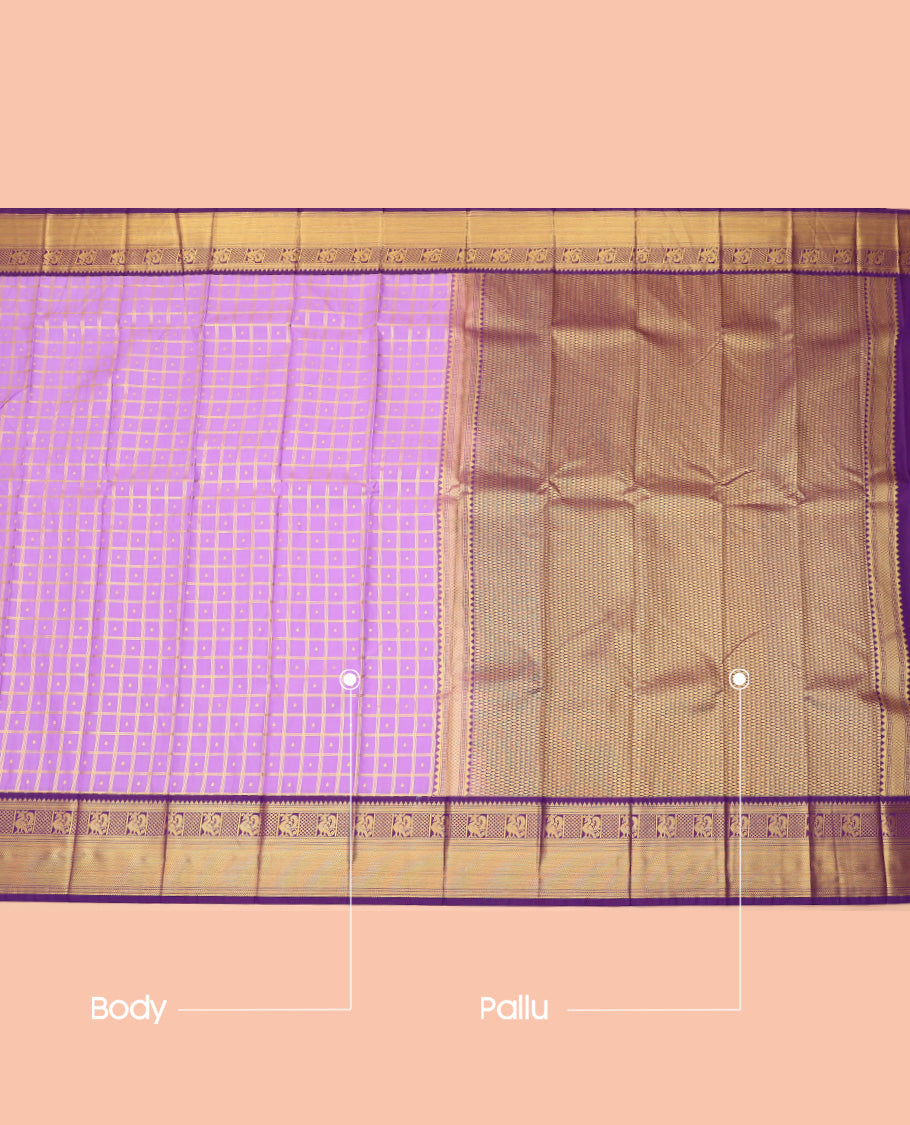 Lavender Budget Silk Saree, Beautified with Zari Butta Enclosed Checks, a Contrast Traditional Zari Border, Grand Pallu, and a Contrast Blouse