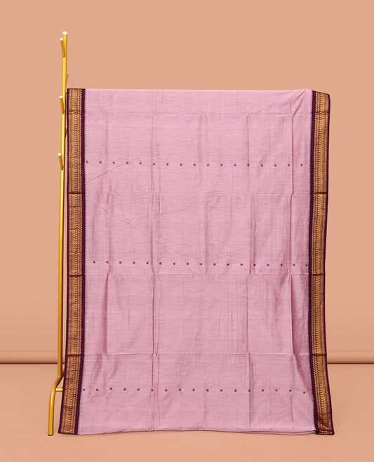 Pink Kalyani Cotton Saree, Decked Up with Thread Buttas All Over Its Body, Complemented by a Contrast Traditional Zari Design Border, Pallu Steeped with Peacock Designs, and Paired with a Contrast Blouse