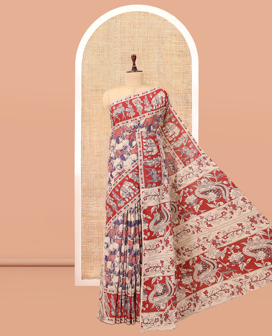 Red Kalamkari Cotton Saree, Ornamented with Pichwai Cow Print, Contrast Printed Border, Kalamkari Human Motifs Pallu, and a Matching Blouse