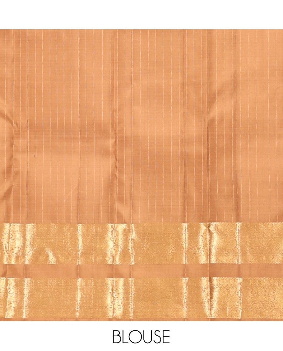 Pale Brown Kanchipuram Silk Saree, Subtly Sparkled with Zari Designs, Highlighted by a Zari Rettai Pettu Border of Poun, Mayil, and Kuthirai Designs, Grand Pallu, and Matching Blouse