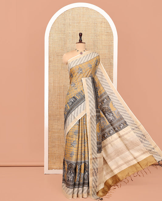 Sandal Tussar Silk Saree, Crafted with Human Motif and Checks, Contrast Geometric and Human Motif Border, Heathered Pallu, and Matching Blouse