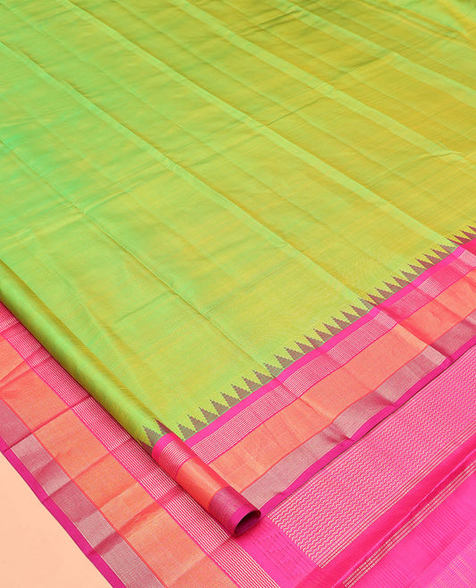 Parrot Green-Striped Bangalore Silk Saree, Complemented by a Contrast Temple Ganga-Jamuna Border, Pallu of Temple and Neli Designs, and a Contrast Blouse