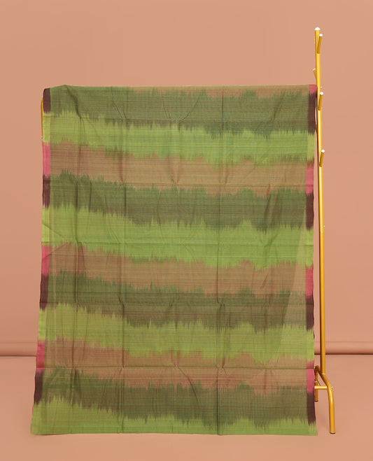 Borderless Green Mangalgiri Cotton Saree, Uniquely Designed with Ikat Texture, Complemented  by Contrast Pallu, and Paired with a Contrast Blouse