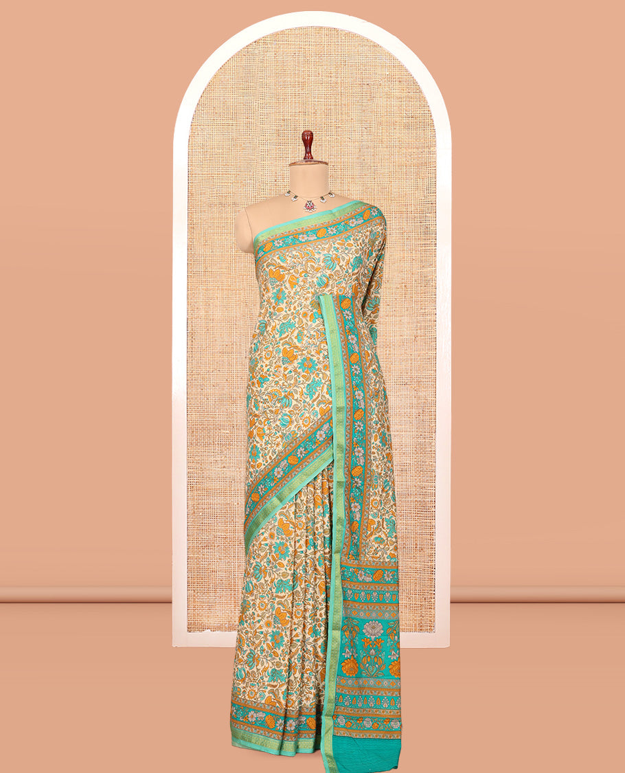 Sandal Printed Silk Saree, Elevated with Floral Vine Print, a Contrast Traditional Zari Border, Floral Pallu, and a Contrast Blouse
