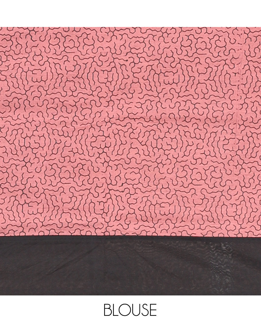 Black Plain Poly Cotton Saree, Complemented by a Contrast Geometric-Printed Border, Pallu, and a Contrast Blouse
