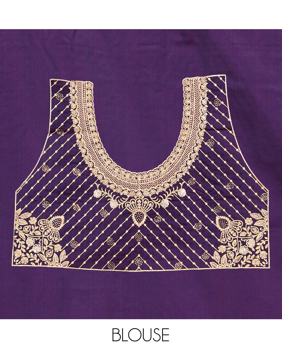 Dark Purple Banarasi Satin Saree, Ornamented with Zari Buttas, a Floral Creeper Border, Intricate Stonework Pallu, and a Matching Blouse
