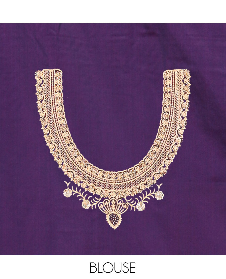 Dark Purple Banarasi Satin Saree, Ornamented with Zari Buttas, a Floral Creeper Border, Intricate Stonework Pallu, and a Matching Blouse