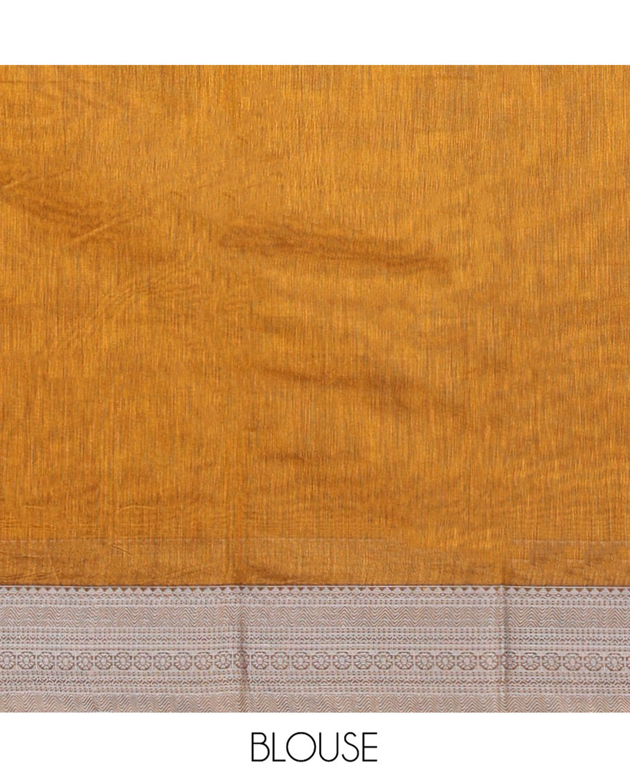 Mustard Semi-Silk Cotton Saree, Delicately Designed with Buttas All Over Its Body, Traditional Design Border of Paisleys, Geometric-Patterned Pallu, and Paired with a Matching Blouse