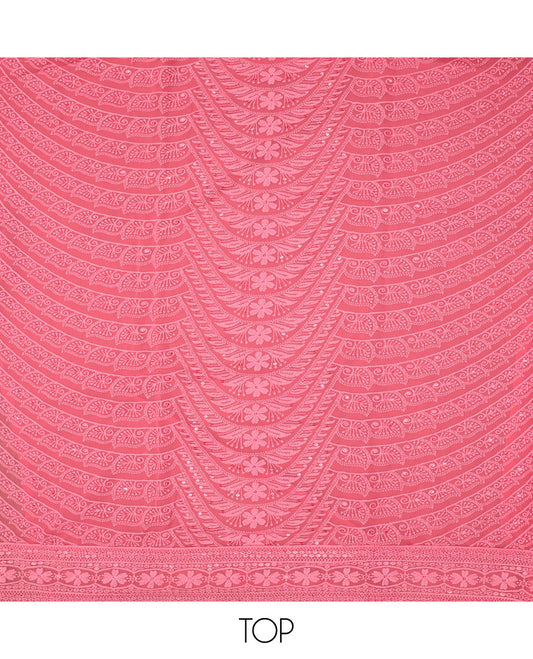 Salmon Pink Material Chudidar Set, Finely Crafted with Chikankari-Style Thread and Sequins Embroidery on Georgette Top, a Plain Santoon Bottom, and Paired with a Geometric Embroidery Georgette Dupatta