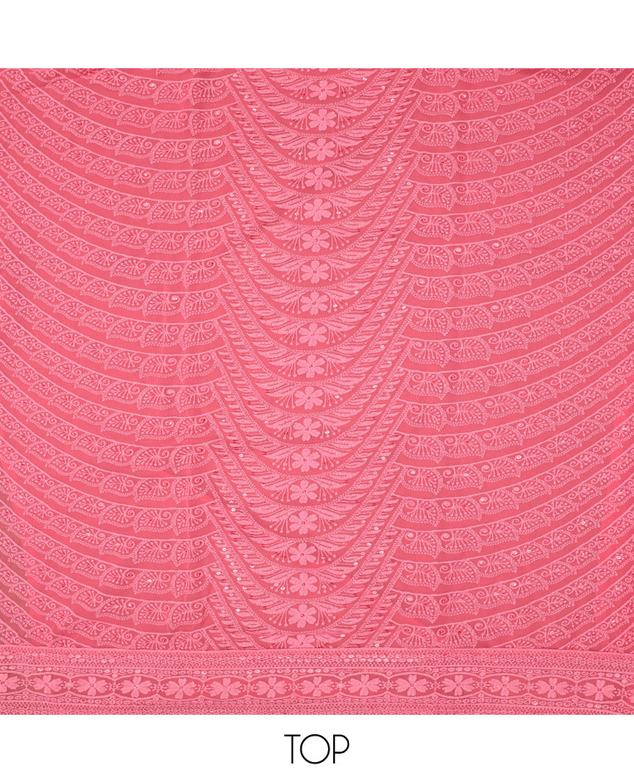 Salmon Pink Material Chudidar Set, Finely Crafted with Chikankari-Style Thread and Sequins Embroidery on Georgette Top, a Plain Santoon Bottom, and Paired with a Geometric Embroidery Georgette Dupatta