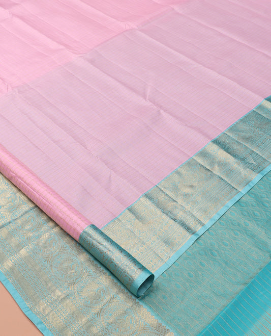 Pink Vasundhara Lite Silk Mix Saree, Sparsely Woven with Zari Checks, a Contrast Border of Muthu, Banaras, Kathir, and Round Mayil Designs, Jaal Pallu, and a Contrast Blouse