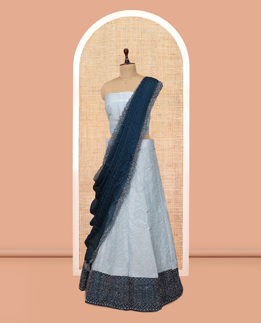 Light Blue Banarasi Half-Saree, Finely Crafted with Bead Work Skirt, a Contrast Stone Work Border, Matching Blouse, and Contrast Scallop Stone Work Dupatta