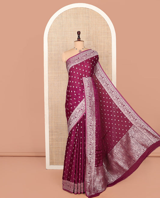 Purple Fancy Crepe Saree, Beautified with Floral Buttas, Highlighted by a Floral Creeper Border, Intricately Designed Pallu, and a Matching Blouse