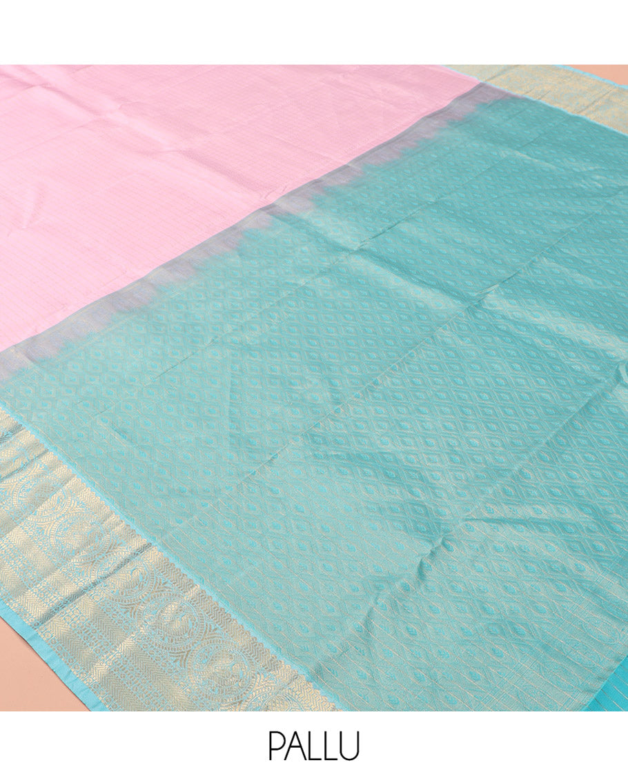 Pink Vasundhara Lite Silk Mix Saree, Sparsely Woven with Zari Checks, a Contrast Border of Muthu, Banaras, Kathir, and Round Mayil Designs, Jaal Pallu, and a Contrast Blouse