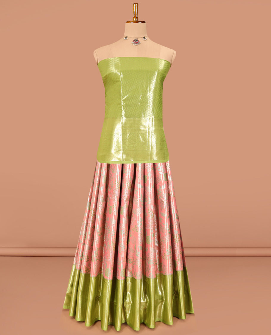 Peach Art Silk Material Half Saree Set, Delicately Woven with Jacquard Design Skirt, a Contrast Traditional Zari Design Border, Contrast Blouse, and an Intricate Dhavani
