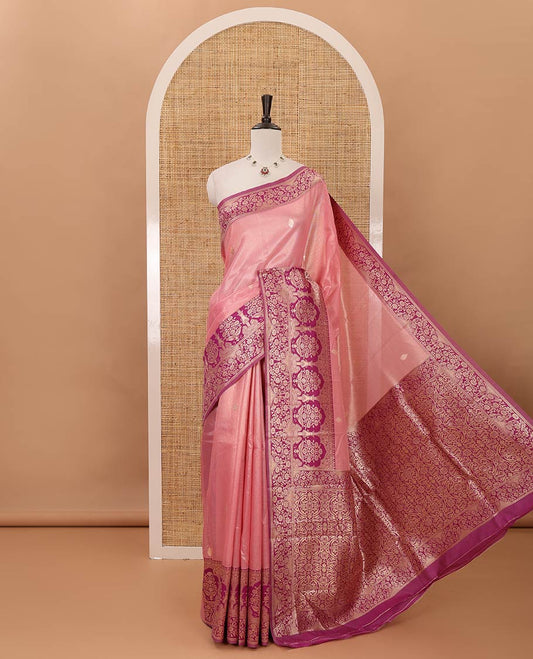 Pink Antique buttas twill tissue saree, contrast satin thread woven border & pallu of mughal-style motifs & buttas purple blouse