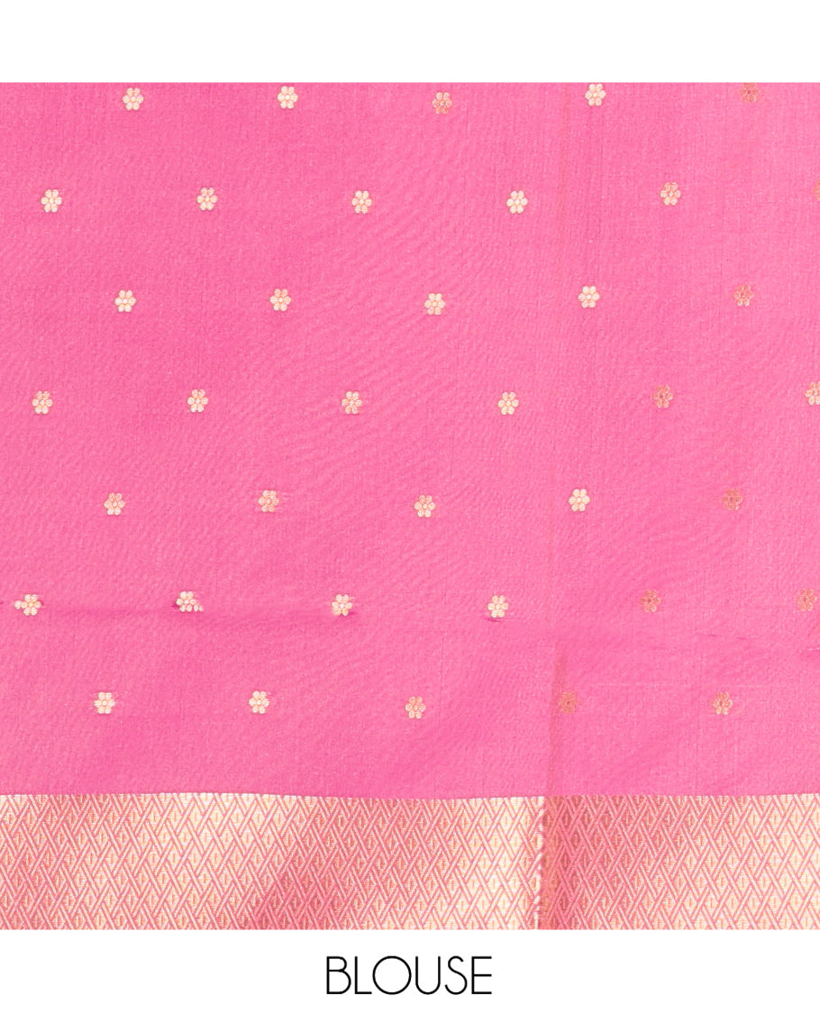 Pink Satin Silk Saree, Adorned with Warli Motif Print, Highlighted by Warli Printed Zari Border, Warli-Village Palllu, and a Matching Blouse