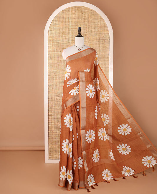 Beige pink sunflower motif printed linen saree, silver zari plain border & small sunflower motif print blouse