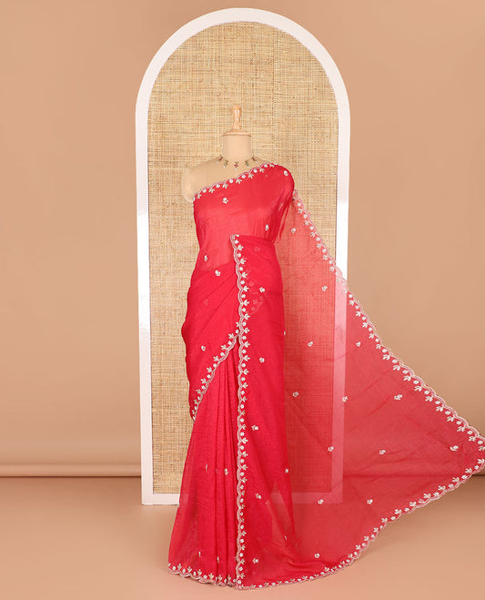 Pink color, floral embroidered motifs crunchy crush saree, scallop pearl embroidered border,  embroidered pallu, and a contrast embroidered blouse