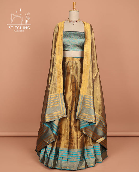 Brown  buttas half saree with contrast blue striped border, ogee zari design blouse & butta , striped zari design dhavani