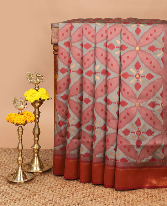 Light brown with red zari pochampalli weaving design mulberry silk saree with bawanchi, ikkat weaving border & rich pochampalli weaving pallu along with plain blouse