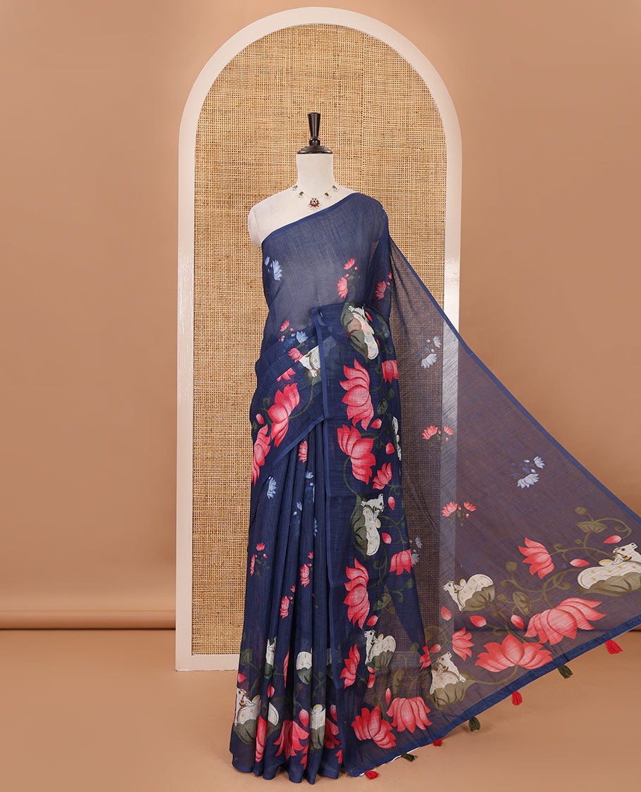 Borderless navy blue Pichwai cow & lotus motifs printed linen saree, pallu of Pichwai cow & lotus print & matching lotus print blouse