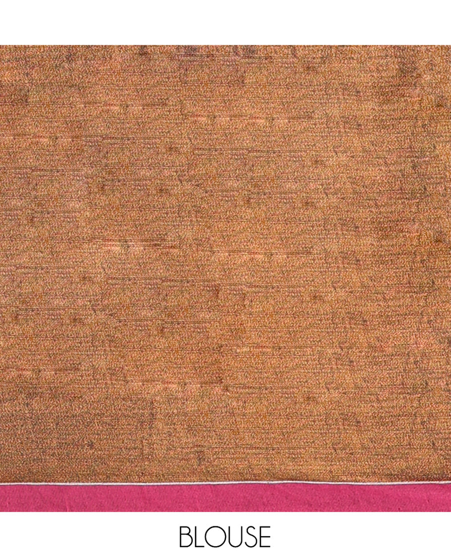 Copper Khadi Tissue Saree, Adorned with Leaf Buttas All Over Its Body, Highlighted by Geometric Patterned Border, Pallu Depicts Geometric Prints, and Paired with a Matching Blouse