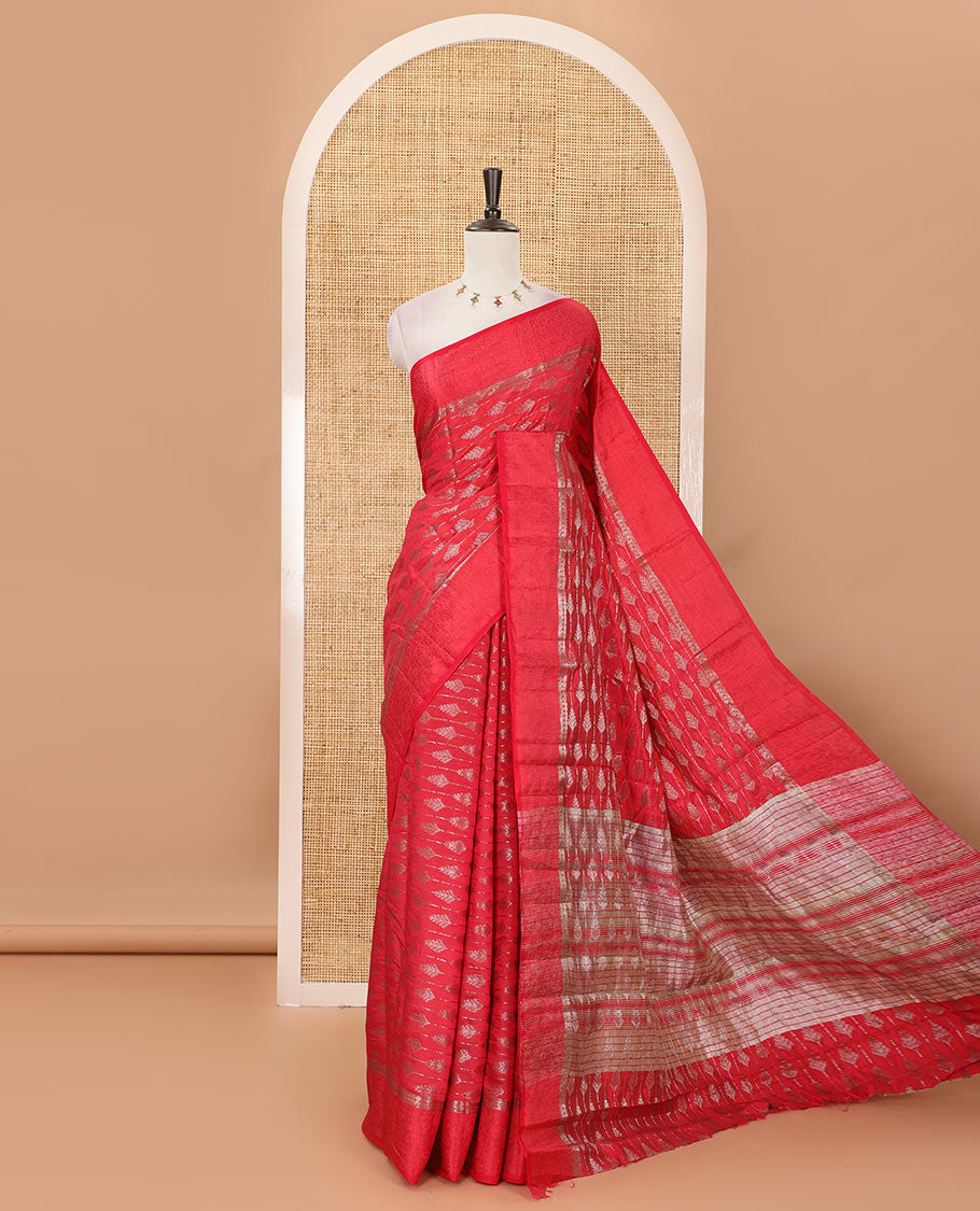 Rani pink zari & resham thread arrow design woven art silk saree, zari design satin embossed border & matching blouse
