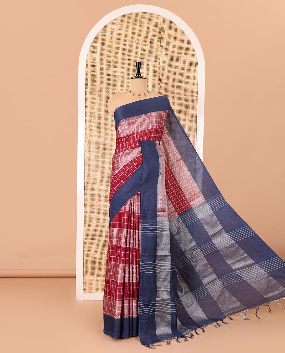 Purple silver zari checked Bhagalpur cotton saree, contrast plain border, striped pallu, and a contrast silver zari blouse