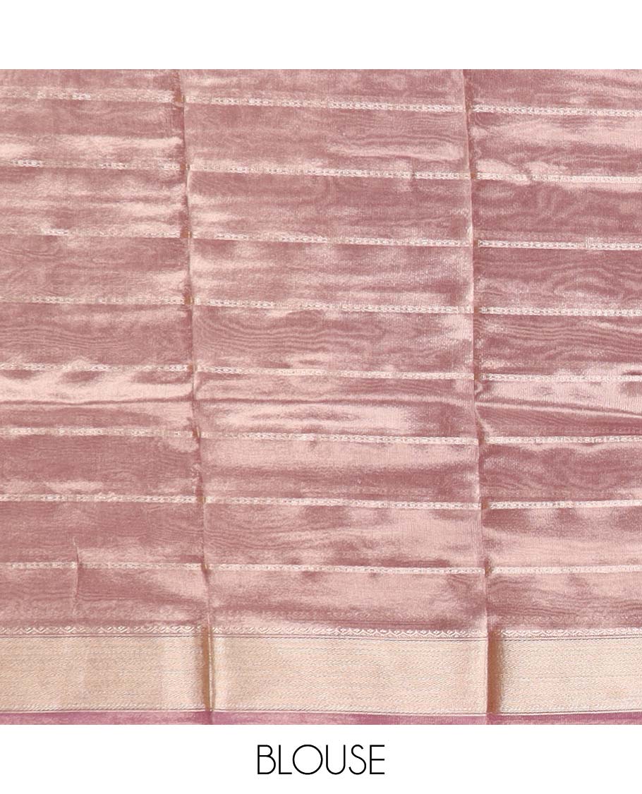 Pastel pink striped semi-banaras tissue saree, plain border and striped pallu 