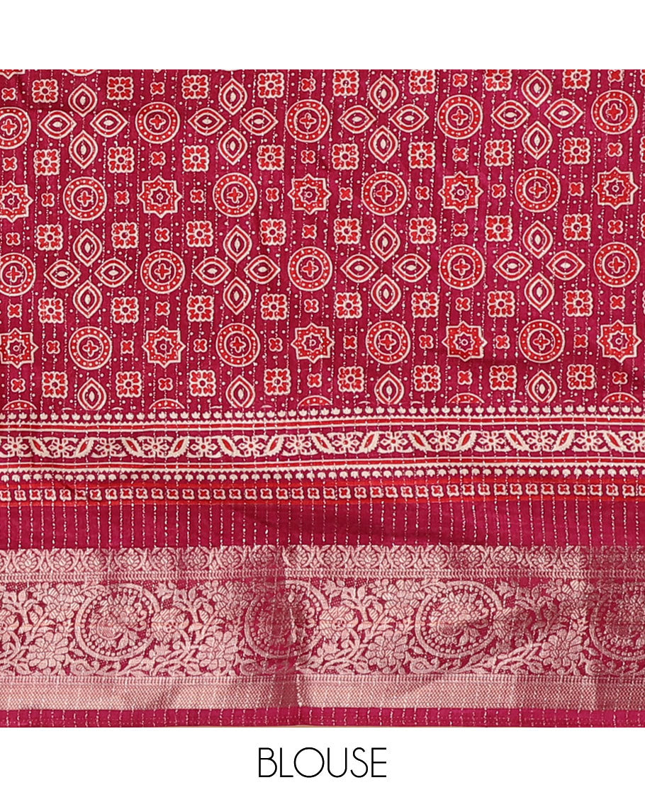 Cream vertical zari striped dola silk saree,contrast maroon traditional zari border & intricately Ajrakh printed pallu
