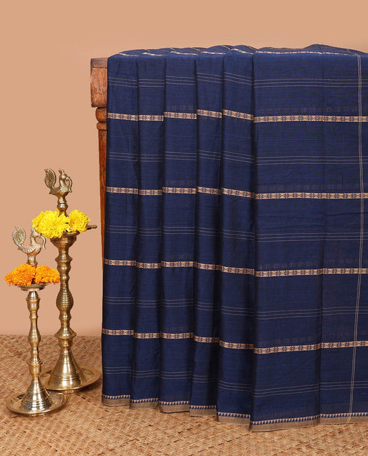Navy blue arambu design, striped thread narayanapet cotton saree with temple border & cheer pallu along with running blouse