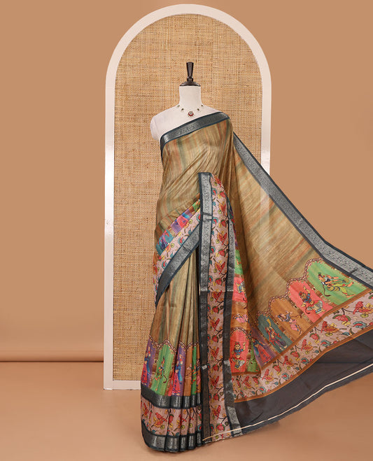 Olive green tie-dye & human motifs enclosed arcs printed semi-tussar saree,contrast traditional zari rettai pettu floral print border, print pallu & contrast blouse